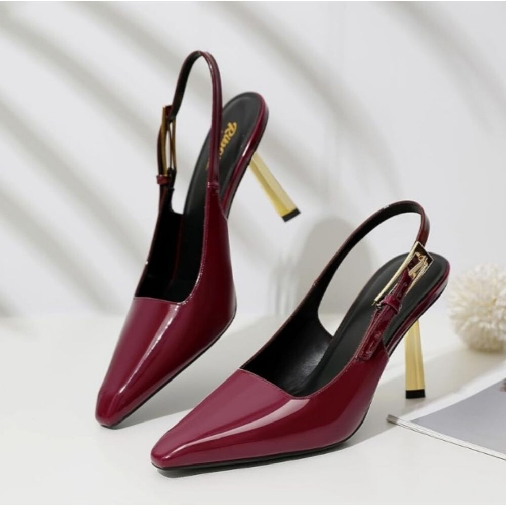 Ribongz Elegant Burgundy Faux Patent Leather Slingback Heels Size 8.5 NWT - Picture 10 of 14